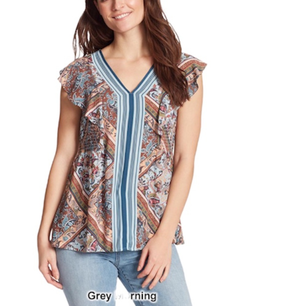 Vintage America Blue & Brown Floral Patch Pippa V-Neck Flutter-Sleeve Top
